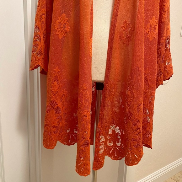 Paper + Tee Sheer Mesh Kimono Open Front Scalloped Embroidered Lace Orange 1X - Picture 8 of 12